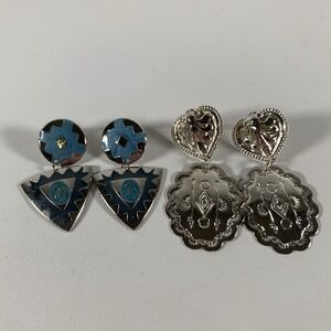 Vintage Southwestern Boho Enamel Etched Silver Toned Dangle Drop Earrings